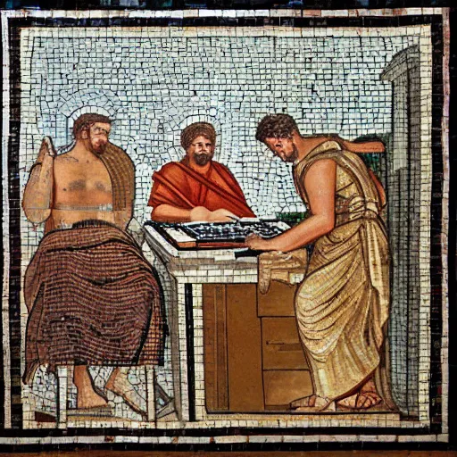 Image similar to romans using a computer in a office, artwork roman mosaic, ancient rome, opus tesellatum.