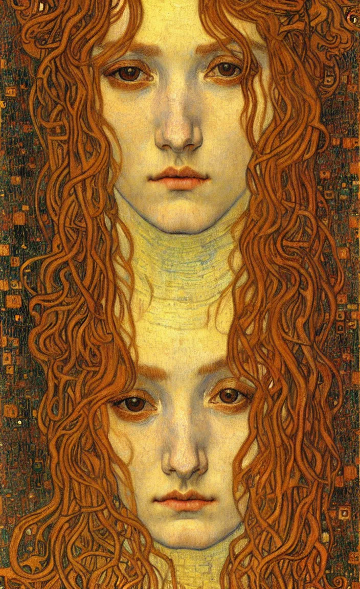 Image similar to detailed realistic beautiful young medieval queen face portrait by jean delville, gustav klimt and vincent van gogh, art nouveau, symbolist, visionary, gothic, pre - raphaelite, muted earthy colors, desaturated