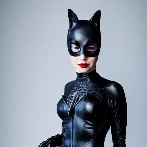 Prompt: full-body portrait of The Queen as catwoman, XF IQ4, 50mm, F1.4, studio lighting, professional, 8K, Look at all that detail!