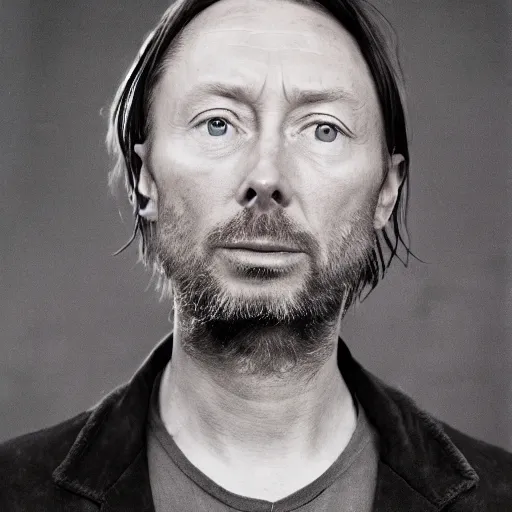 Image similar to Thom Yorke, Radiohead singer Thom Yorke, holding the moon upon a stick, with a beard and a black jacket, a portrait by John E. Berninger, dribble, neo-expressionism, uhd image, studio portrait, 1990s