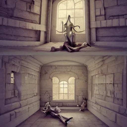 Prompt: this place is so bizarre yet amazing the walls seem to be moving and the sculptures look like nothing I’ve ever seen before lights are gleaming out of the small window it’s truly beautiful, trending on artstation,