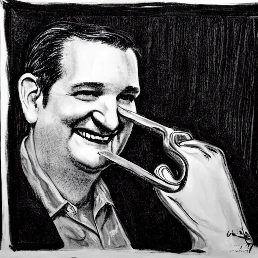 Image similar to Ted Cruz with a wide grin wielding a hatchet peaking through a door in the distance at the end of a narrow corridor, black and white, creepy lighting, scary, horror, ornate, eerie, fear, oil painting