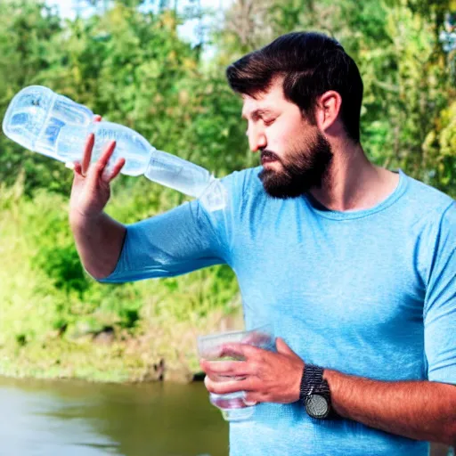 Prompt: confused man drinking water