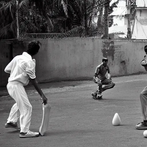 Image similar to four guys playing a game of cricket, on an indian street, award winning image, national geographic, dslr 3 0 mm image, black and white, wow, gorgeous