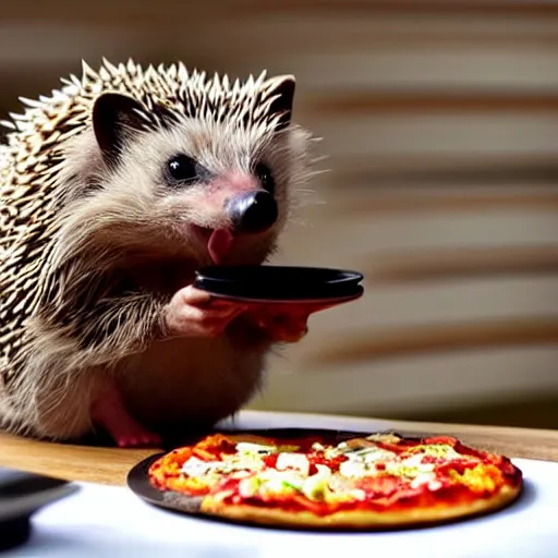 Image similar to still image of an adorable hedgehog sitting at a tiny table eating a tiny pizza, photo