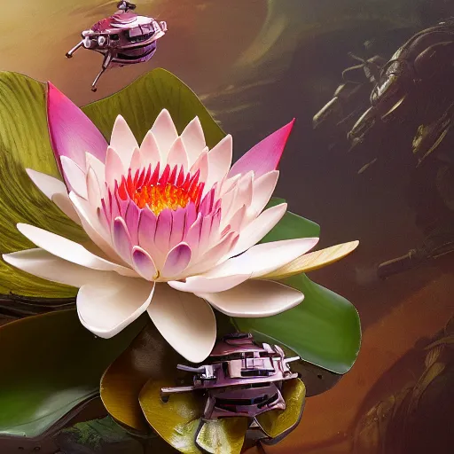 Image similar to futuristic nymphaea mech waterlily upper body, sepals forming helmet, floral details, nymphaea, 8 k hd resolution, barbatos gundam with floral inlay, bandai box art, star wars, makoto kobayashi, frank gehry, raymond swanland