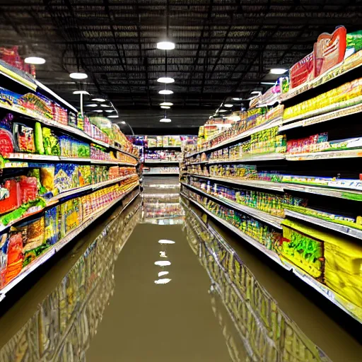 Image similar to photo of a grocery store interior, the aisles is flooded with two meters deep water. eerie, volumetric lighting.