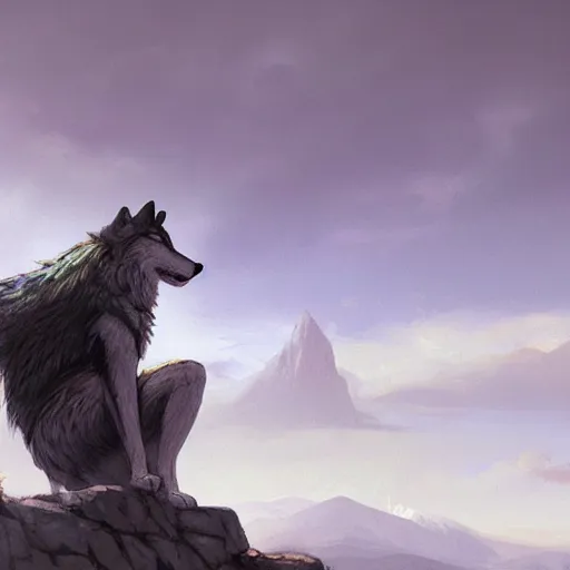 Image similar to an anthropomorphic wolf in a doublet looking out over the hills, artstation hq, stylized, anthro furry art, furaffinity fursona, landscape, greg rutkowski, sharp focus, concept art
