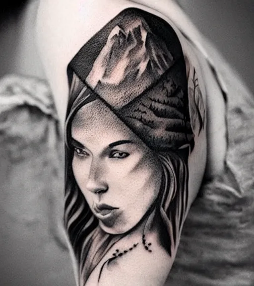 Image similar to amazing blend effect of beautiful mountain scenery with a beautiful woman face, tattoo design sketch, hyper - realistic, in the style of matteo pasqualin, amazing detail, black and white