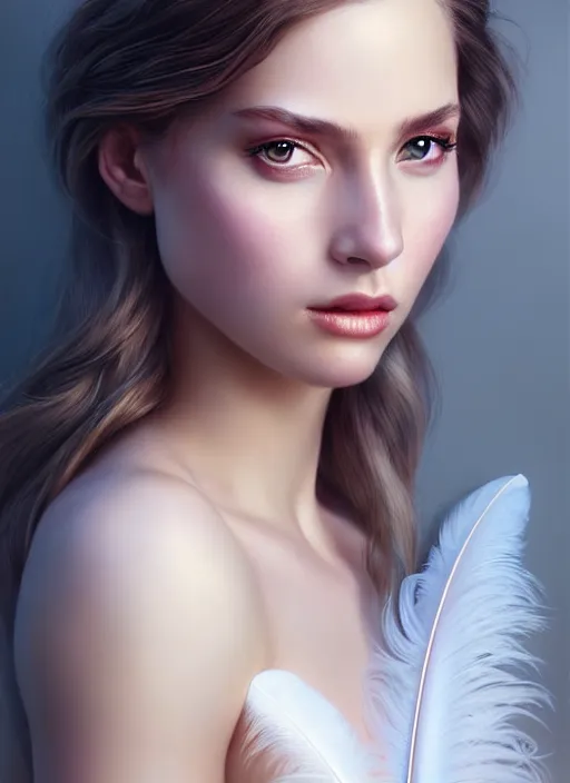 Image similar to a gorgeous female photo, professionally retouched, soft lighting, wearing a feather dress, realistic, smooth face, perfect eyes, wide angle, sharp focus on eyes, 8 k high definition, insanely detailed, intricate, elegant, art by artgerm and greg rutkowski and mark hill