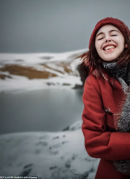 Image similar to Mid-shot portrait of a beautiful 20-year-old woman from Iceland, smile, candid street portrait in the style of Martin Schoeller award winning, Sony a7R