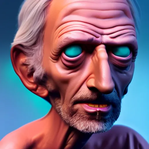 Image similar to rick from rick and morty 3 d render photorealistic unreal facial details clay soft light engine photorealistic ultra - realistic highly detailed focus photography lighting digital painting hd adultswim by kyle lambert