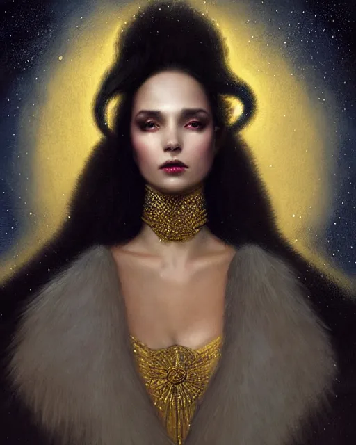 Image similar to Nocturne, glowing, stars, a portrait of a beautiful female shadow djinn creature with long fur collar, highly detailed, mysterious, ethereal, dressed in velvet and gold jewelry, haute couture, illustration, dramatic lighting, soft details, painting, by Edmund Blair Leighton, Brom, Charlie Bowater, trending on artstation, faces by Tom Bagshaw, otto schmidt