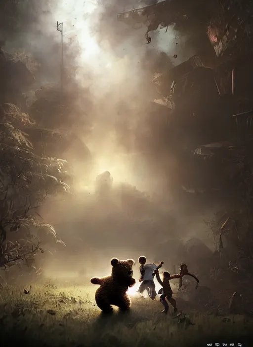 Prompt: a teddy bear fights off zombies to protect a crying child, portrait, dramatic lighting, cinematic, establishing shot, extremly high detail, photo realistic, foto realistic, cinematic lighting, post processed, concept art, artstation, matte painting, style by eddie mendoza, raphael lacoste, alex ross