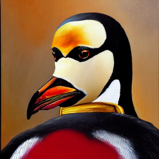 Image similar to spanish conquistador penguins visit rome, oil painting, portrait