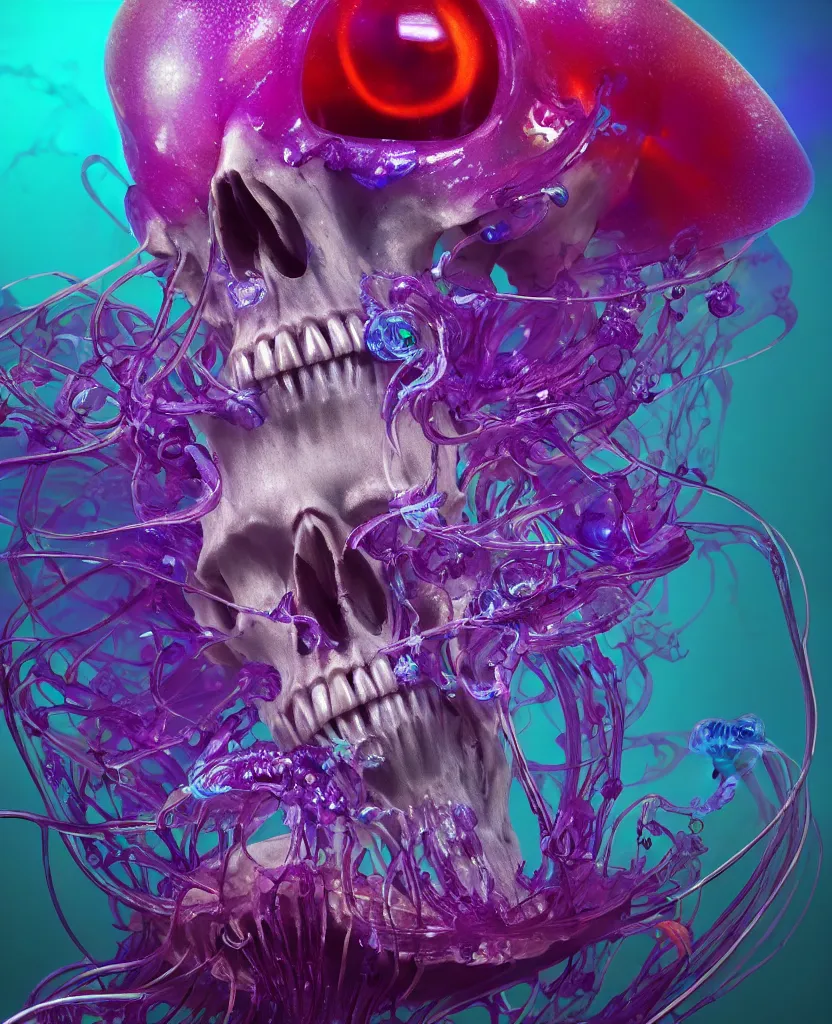 Image similar to close-up portrait of skull dichroic orchid jellyfish skull, betta fish, bioluminiscent creatures, intricate artwork by Tooth Wu and wlop and beeple. octane render, trending on artstation, greg rutkowski very coherent symmetrical artwork. cinematic, hyper realism, high detail, octane render, 8k