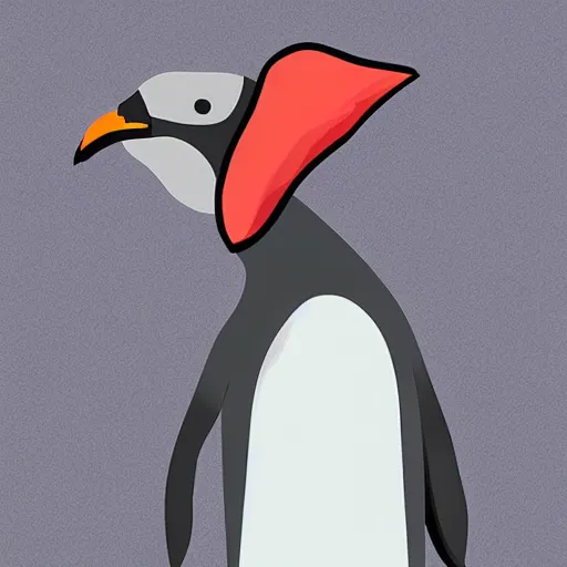 Prompt: A grey penguin with a dog\'s head and a red saliva around his neck, cartoon, illustration, Disney