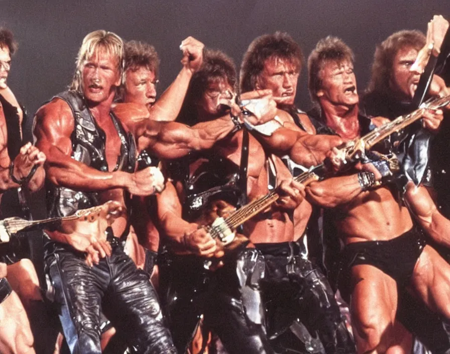 Prompt: colour photo off arnold schwarzenegger, sylvester stallone, dolph lundgren, Chuck Norris and Jean-Claude Van Damme in a heavy metal band, playing guitars, drums, on stage at monsters of rock 1985