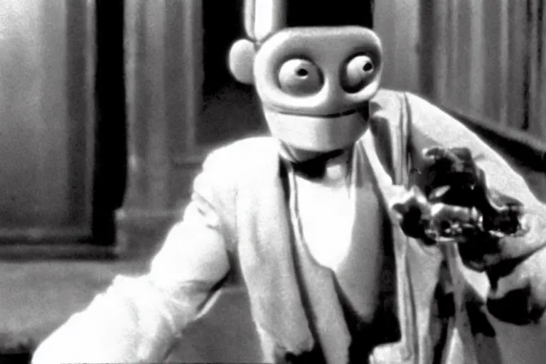 Image similar to A movie still of a 1920s silent film featuring Bender from Futurama