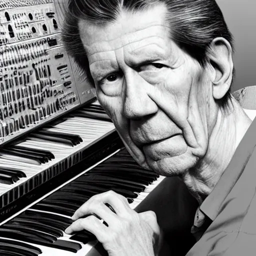 Image similar to photo of john cage playing modular synthesizer in the style of stefan kostic, realistic, half body shot, sharp focus, 4 k high definition, insanely detailed, intricate, elegant, art by stanley lau and artgerm