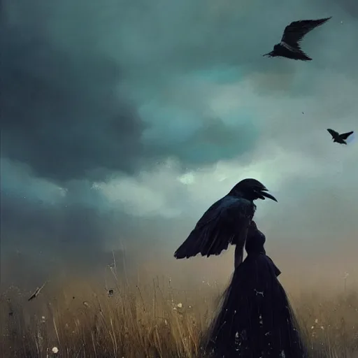 Image similar to morning, a woman in a black dress with a raven head. no face. sun, cinematic, clouds, vogue cover style, contracting colors mood, realistic painting, intricate oil painting, high detail, figurative art, poster art, by simon bisley, ismail inceoglu, wadim kashin, filip hodas. pixar theme.