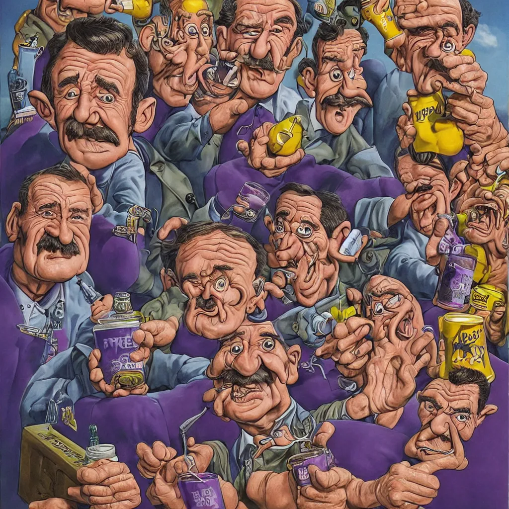 Image similar to promotional art for the movie'unless you hate bullruns ', barry chuckle preparing a batch of purple oil drink, hyperreal detailed facial features and uv lighting, art by ed roth and basil wolverton