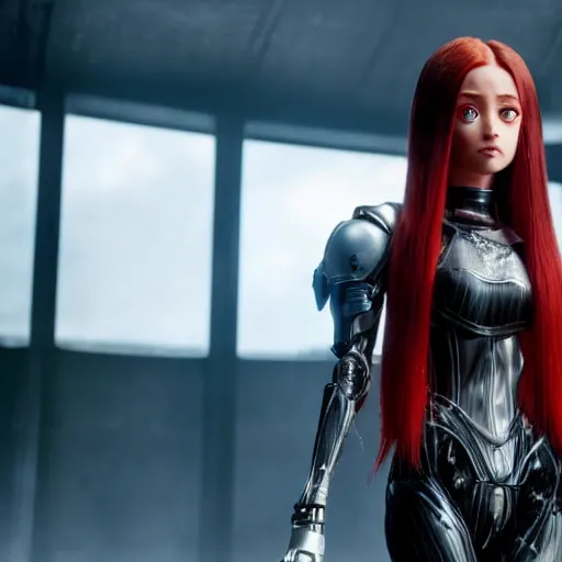 Image similar to cinematic still of red - haired ariana grande in alita : battle angel ( 2 0 1 9 ), xf iq 4, f / 1. 4, iso 2 0 0, 1 / 1 6 0 s, 8 k, raw, dramatic lighting, symmetrical balance, in - frame