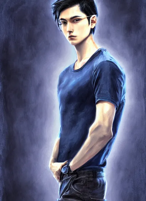 Prompt: handsome young man with short black hair, male, dressed in blue, looking down, half body shot, arms down, path traced, highly detailed, high quality, digital painting, ayami kojima