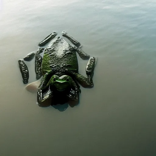 Image similar to semitranslucent smiling frog amphibian floating upside down over misty lake in Jesus Christ pose, cinematic shot by Andrei Tarkovsky, paranormal, spiritual, mystical