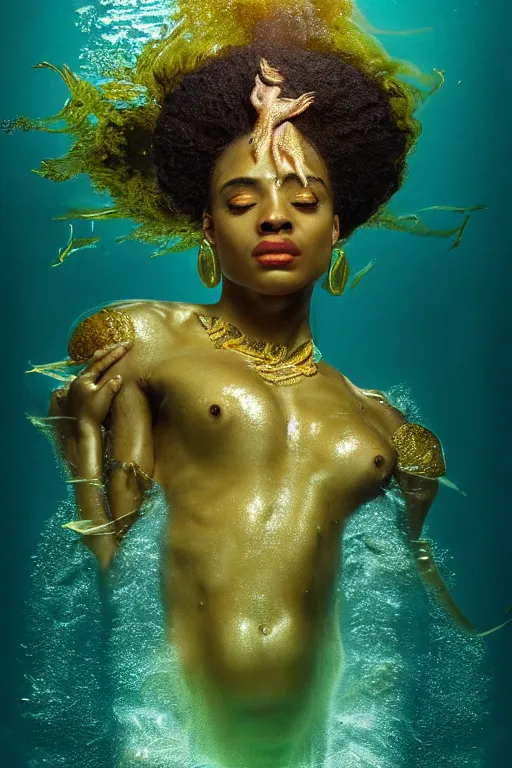 Image similar to hyperrealistic post - rococo cinematic half underwater scene with fish and algae, very expressive! translucent elegant african goddess getting out of water, gold jewerly, highly detailed face, digital art masterpiece, aykut aydogdu zener, dramatic volumetric light, long shot, low angle uhd 8 k, sharp focus