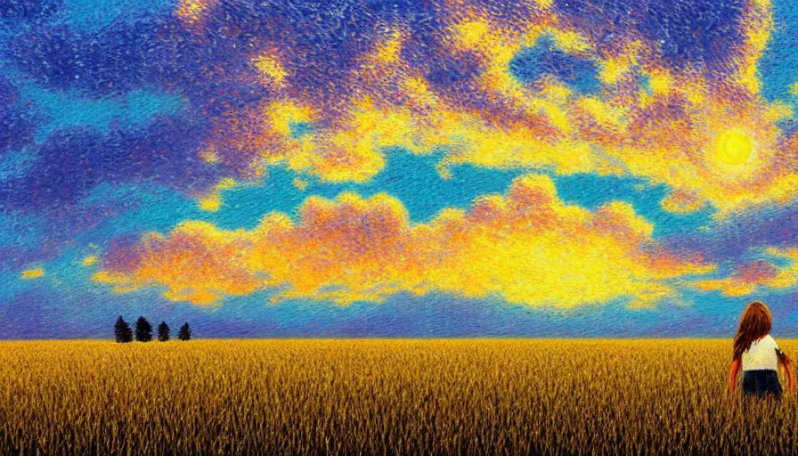 Image similar to daisy face, full body, girl watching sunset, empty wheat field, surreal photography, colorful clouds, tree, impressionist painting, colorful clouds, digital painting, pointillism, artstation, simon stalenhag