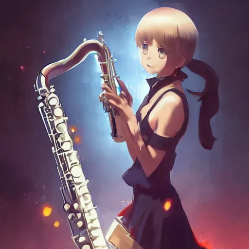 Image similar to anime girl Playing the sax instrument , digital Art, Greg rutkowski, Trending cinematographic artstation