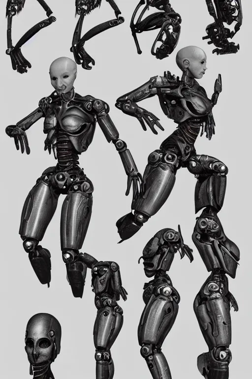 Image similar to septum nose piercing!! cyborg female with gunmetal grey skin, medical anatomy, paneled face, highly detailed, mecha, mechanical implants, three - perspective / three - view reference sheet ( front / back / side ), in the style of dan ouellette, dren from splice, hr giger, sil from species, artstation, unreal engine