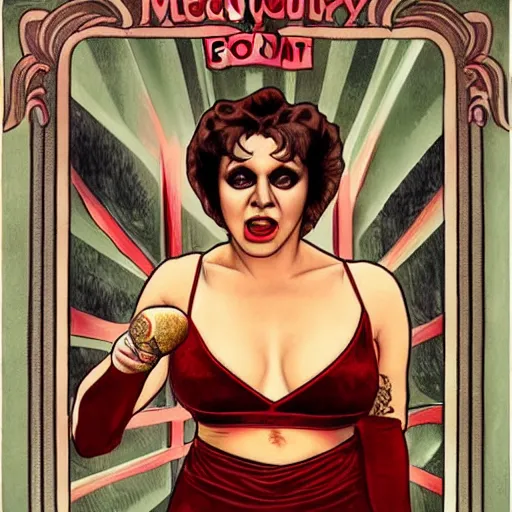 Prompt: meatloaf in rocky horror picture show, smooth, sharp focus, intricate, elegant, artgerm, alphonse mucha, trending on deviantart