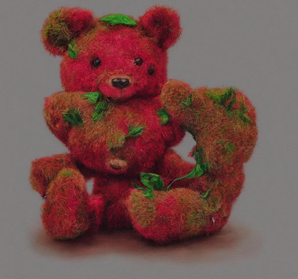 Prompt: digital art hyper realism body horror studio lighting strawberry teddy bear technicolor 3 5 mm