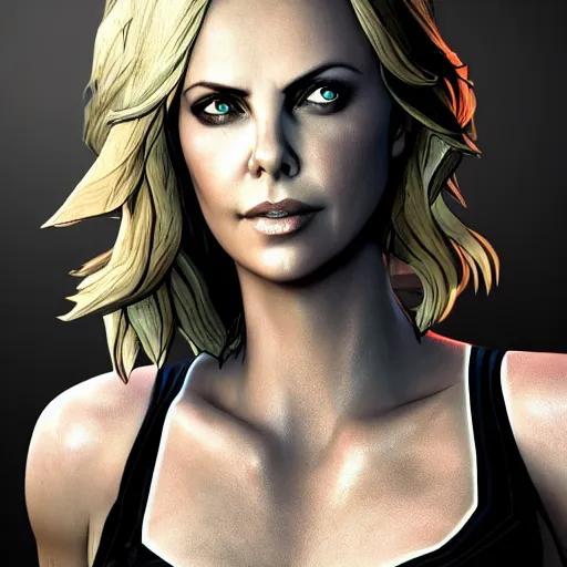 Image similar to charlize theron portrait, borderlands, tales from the borderlands, the wolf among us, comic, cinematic lighting, studio quality, 8 k