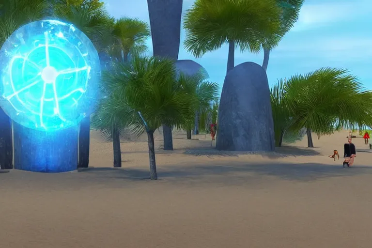 Prompt: a magical glowing portal in the middle of a city that leads to a beach, through the portal you can see a beach, portal game, realistic