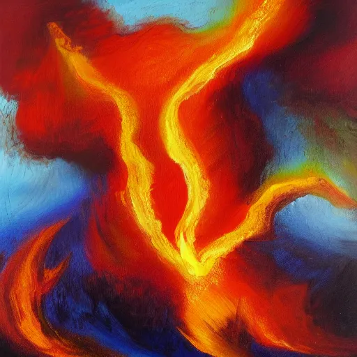 Prompt: landscape oil painting consisting of fire, earth, wind and water