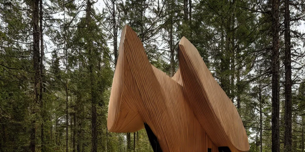 Prompt: wooden cabin designed by zaha hadid in an ominous forest, architectural photography