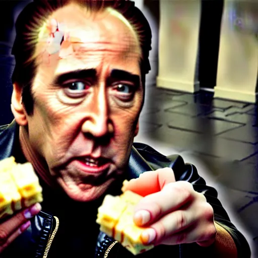 Image similar to uhd candid photo of nicholas cage, down on his luck, ranting maniacally on skid row while wielding a banana. correct face, intricate details, hyperdetailed, accurate face. photo by annie leibowitz