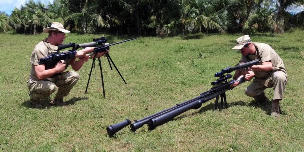 Prompt: nigel and lino practicing sniper marksmanship sniper rifle aruba