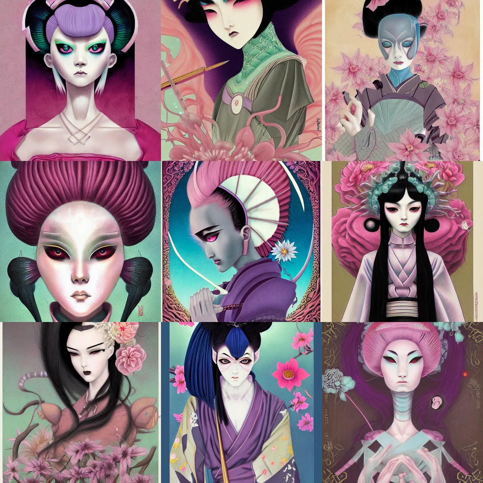 Prompt: digital painting of a pastel goth samurai by terese nielsen, mark ryden, amy sol in the style of, vintage shoujo, fantastic planet, 6 0 s poster art, minimalist poster art, flowers, artgerm