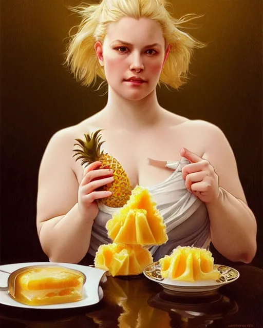 Image similar to Portrait of a fat drunk blond woman eating a pineapple dessert,real life skin, intricate, elegant, highly detailed, artstation, concept art, smooth, sharp focus, art by artgerm and greg rutkowski and alphonse mucha