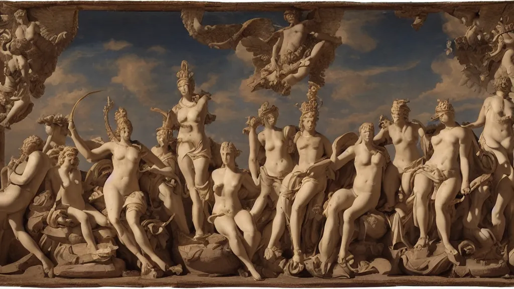 Image similar to The Judgment of Paris; he is sitting at left with Venus, Juno and Pallas Athena, a winged victory above; in the upper section the Sun in his chariot preceeded by Castor and Pollux on horseback; at lower right two river gods and a naiad above whom Jupiter, an eagle, Ganymede, Diana and another Goddess by Greg Rutkowski, Nicolas Bouvier SPARTH, James Paick, WLOP, Artgerm, PIXAR, dramatic moody sunset lighting, long shadows, Volumetric, cinematic atmosphere, Octane Render, Artstation, 8k