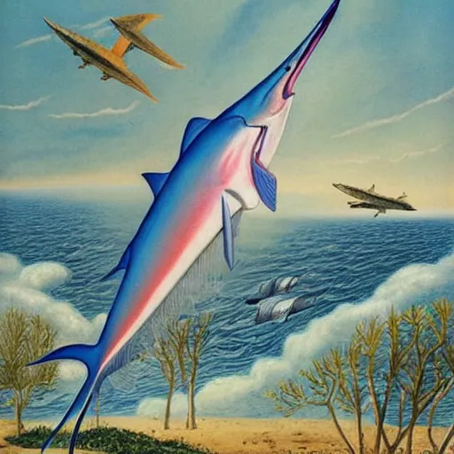 Image similar to swordfish will be our new overlords when the levees break, a dystopian jean dupas painting