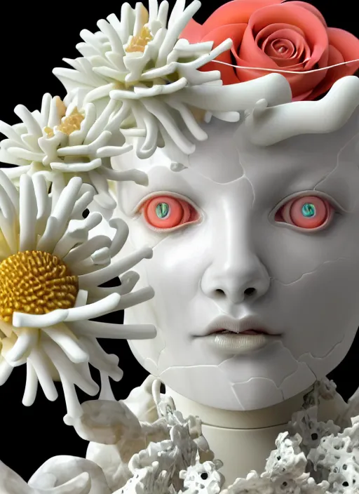 Image similar to biomechanical white marble statue made of corals, daisies, roses, well contoured smooth fair walls spraying perfume bottle, up close shot, sharp focus, global illumination, radiant light, alexandre ferra white mecha, irakli nadar, octane highly render, 4 k, ultra hd,