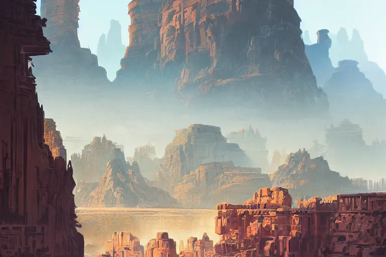 Image similar to a mystical matte painting of an archaic city of ancient persia looming above a canyon by syd mead and peter mohrbacher and james gilleard in the style of hugh ferriss