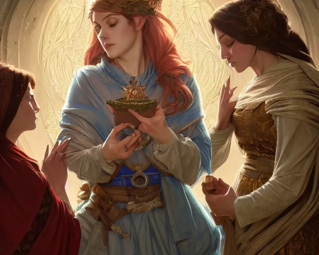 Image similar to photography of the three marys at the sepulchre, deep focus, d & d, fantasy, intricate, elegant, highly detailed, digital painting, artstation, concept art, matte, sharp focus, illustration, hearthstone, art by artgerm and greg rutkowski and alphonse mucha