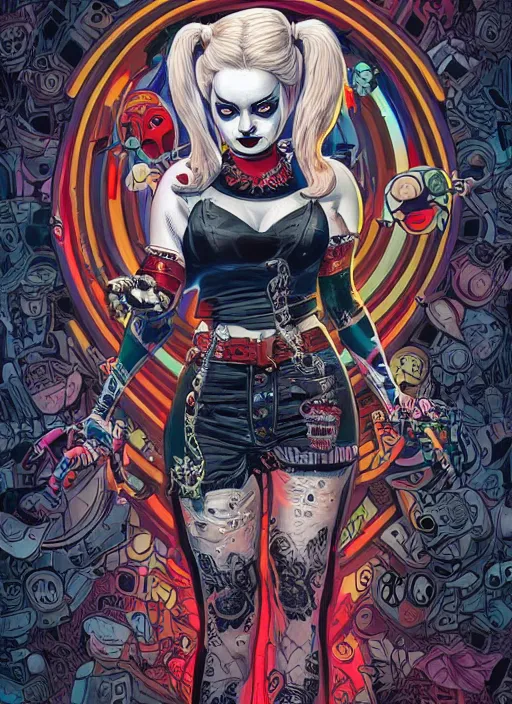 Prompt: a photorealistic dramatic hyperrealistic full frame render of a beautiful eerie comic supervillain character harley quinn by joe fenton, dan mumford, color poster art design, beautiful dynamic dramatic dark moody lighting, shadows, cinematic atmosphere, octane render, 8 k