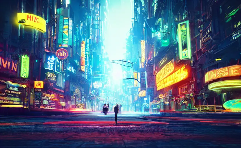 Image similar to you are looking for a giant of 1 km of hight walking on the small city, tron, close up bokeh hiperrealistic neon glow darkness dramatic neon, sharp focus, octane render, imax